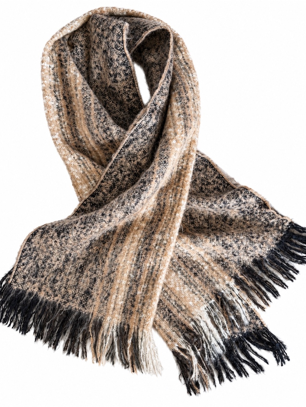 Tan, Beige and Black Fringed Scarf
